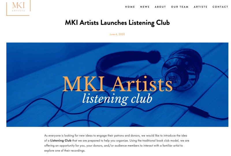 page from MKI artists online listening club against a white back groun a large photo of a headset in a brilliant blue background with orange MKI artist graphic and whilte listen club italic graphic